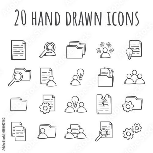 Set of black and white simple icons of management, office work, documents, team, training and work. Vector flat signs and symbols for the design of a website, application. Hand drawn design elements