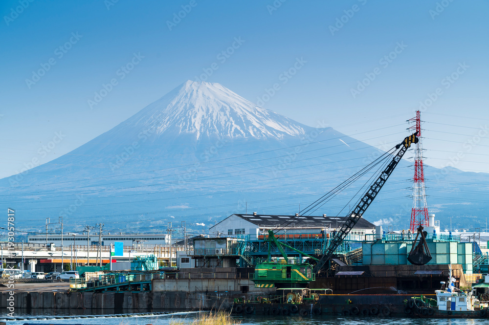 Industrail factory area in FujiNomiya city with Fuji mountain and blue sky background view, Fujinomiya City, Shizuoka, Japan