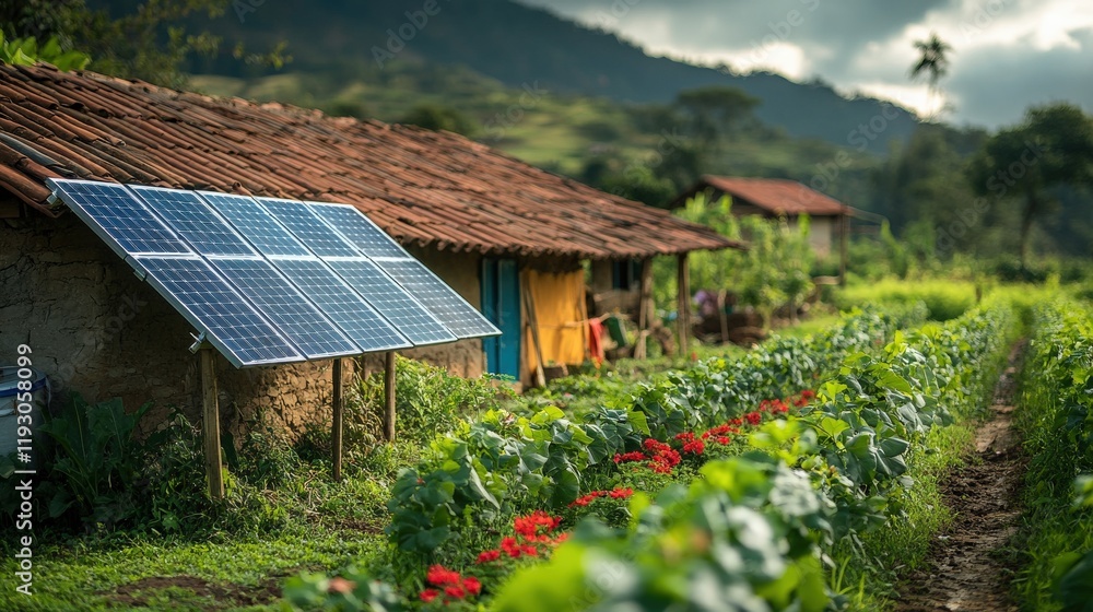 Sustainable Farming with Solar Panels: A Rural Landscape Showcasing Green Energy Integration and Vibrant Crop Growth Amidst Lush Mountain Scenery Sustainable Farming with Solar Panels: A Rural Landscape Showcasing Green Energy Integration and Vibrant Crop Growth Amidst Lush Mountain Scenery