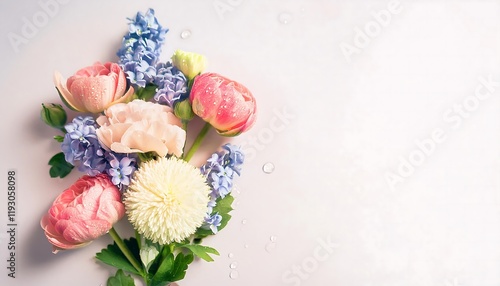 Various beautiful flowers with water splashes on a white background, there is an empty space for text. Wallpaper, showcase, florist, fresh.