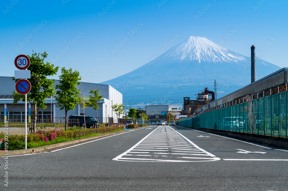 Road and industrail factory area in FujiNomiya city with Fuji mountain and blue sky background view, Fujinomiya City, Shizuoka, Japan