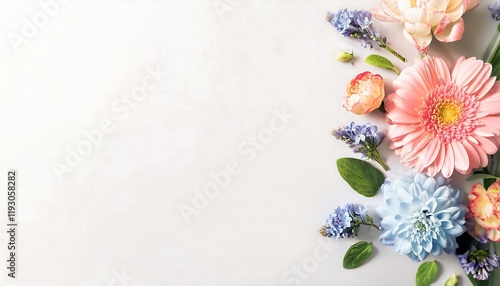 Many beautiful flowers on a white background, there is empty space for text. Wallpaper, showcase, florist, fresh.