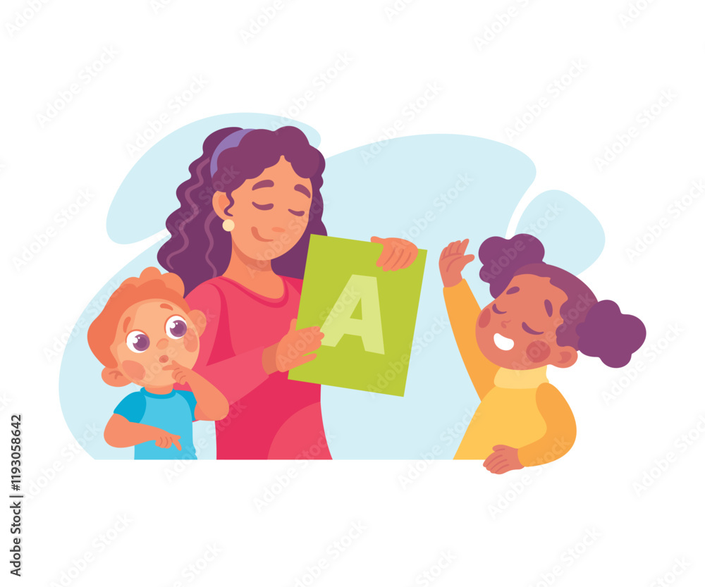 Speech with Teacher Explaining Alphabet to Little Boy and Girl Vector Illustration Speech with Teacher Explaining Alphabet to Little Boy and Girl Vector Illustration