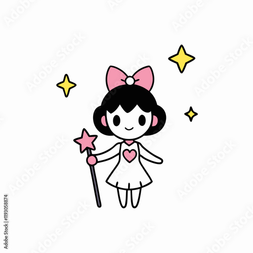 Sticker design of A chibi magical girl holding a star-shaped wand, with oversized ribbons and a sparkling aura.