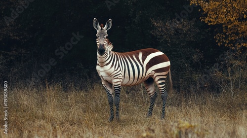 Rare Zebra in Meadow, Dark Forest Background, Wildlife Photography photo