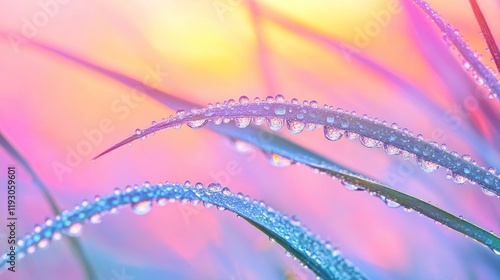 Fresh green grass blades covered with dew drops at sunrise