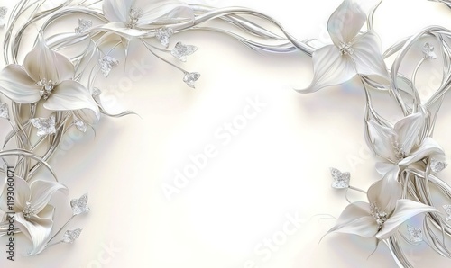 3D white floral frame on white background for elegant designs.