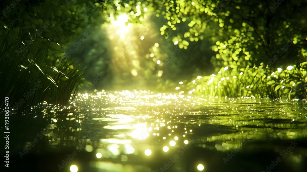 Obraz premium Abstract blurred bokeh of sunlight reflecting off water, creating sparkling summer vibes.