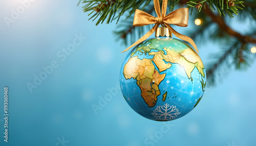 Globe christmas ornament hanging from a tree branch on blue with a bow. Peace on Earth, Eco friendly or winter travel concept, Side lit, with white tones