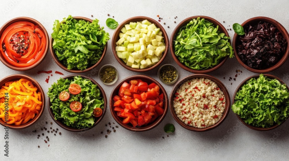 Vibrant assortment of fresh vegetables and grains in bowls, ready for a healthy meal preparation Vibrant assortment of fresh vegetables and grains in bowls, ready for a healthy meal preparation