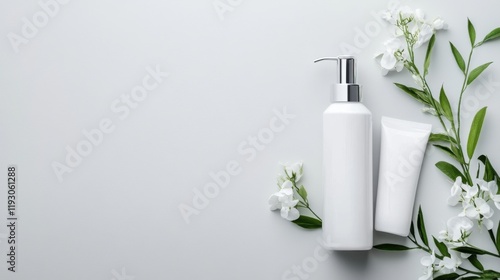 Wallpaper Mural Minimalist Skin Care Arrangement with White Lotion Bottle and Natural Ingredients Surrounded by Fresh Greenery Torontodigital.ca