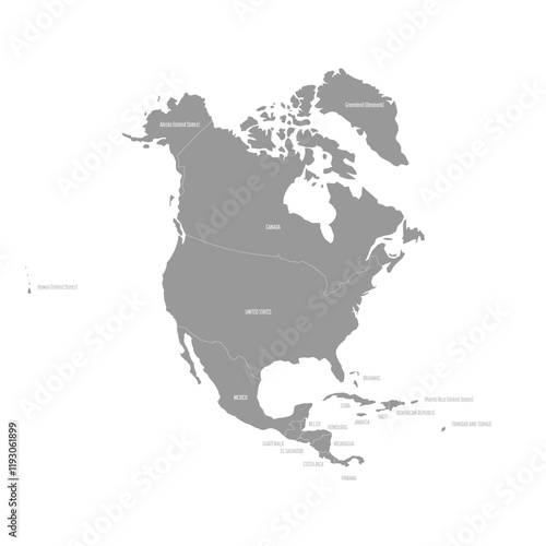 Detailed political map highlighting country borders across North America, including the United States, Canada, and Mexico, along with Caribbean nations. A useful reference for geography studies.