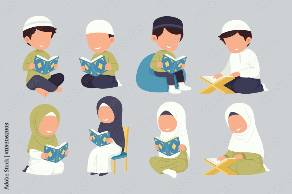 Set of Muslim Children reading Quran. Vector character illustration Set of Muslim Children reading Quran. Vector character illustration