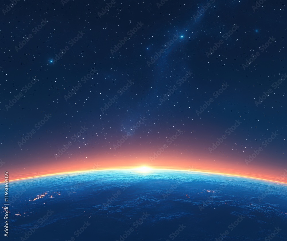 Stunning View of Planet Earth During Sunrise, Captured from Space with a Vibrant Horizon and Starry Night Sky in the Background Stunning View of Planet Earth During Sunrise, Captured from Space with a Vibrant Horizon and Starry Night Sky in the Background