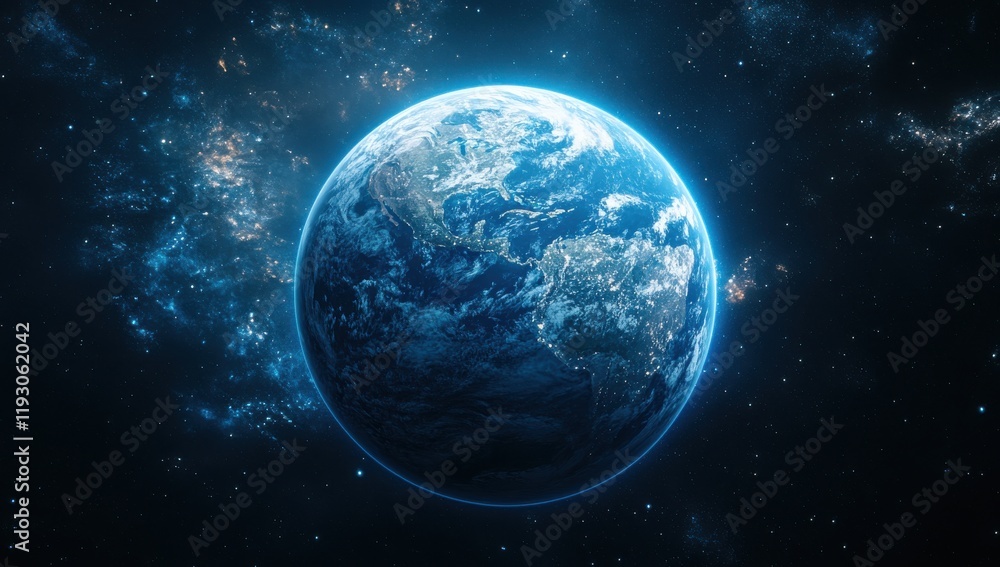 Obraz premium Stunning View of Earth from Space with Vibrant Blue Oceans and Lush Green Landmasses Surrounded by a Starry Universe in an Expansive Cosmic Scene