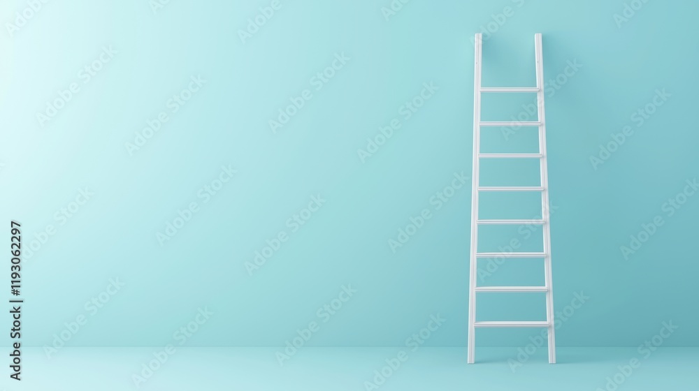 A simple white ladder stands against a soft turquoise wall, creating a serene and minimalist aesthetic.