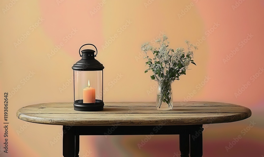 Candle lantern and flowers on rustic table with soft background, ideal for home decor or relaxation. Candle lantern and flowers on rustic table with soft background, ideal for home decor or relaxation.