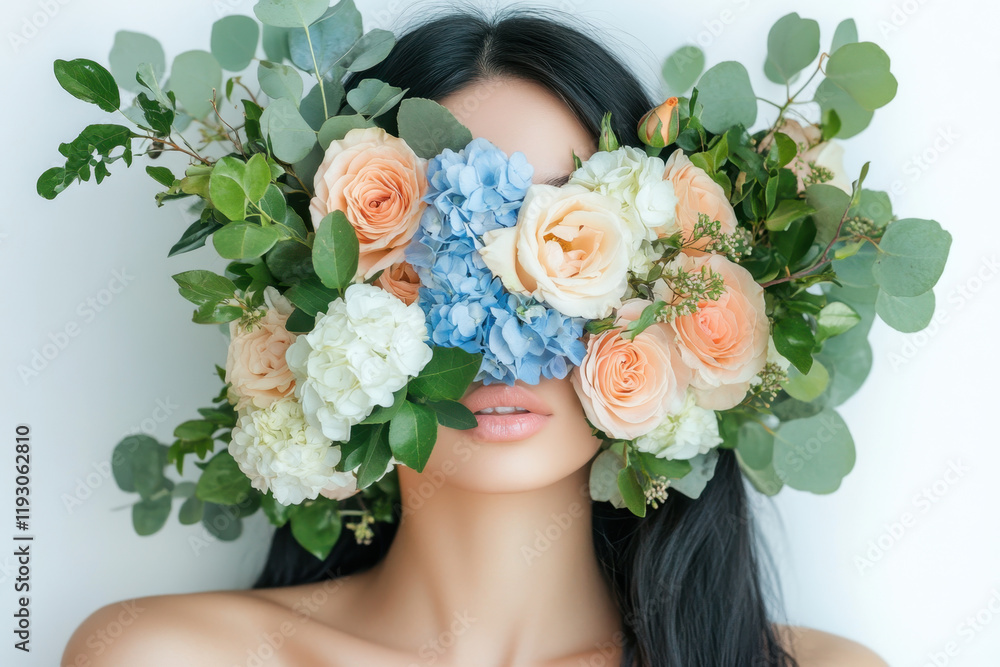 Naklejka premium A woman with long dark hair is partially obscured by a vibrant display of pastel flowers and lush greenery. The arrangement creates a tranquil and artistic focal point in a relaxed indoor environment.