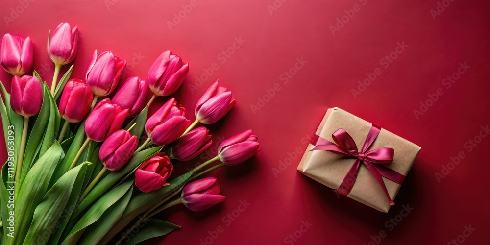 Fototapeta premium A bouquet of vibrant pink tulips rests beside a beautifully wrapped gift, creating a romantic and celebratory scene on a rich crimson background.