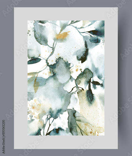 Plants from botanical garden with variety of flora and trees on wall art. Watercolor print. Artwork with petals and twigs for design on botanical theme, in frame with decor for poster