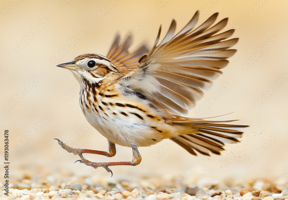 Fototapeta premium A Balfour lark takes flight with its elegant wings spread wide, showcasing its striking plumage. This moment captures the essence of freedom and beauty in nature.