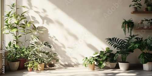 Sunlit corner with various potted indoor plants casting shadows on the wall