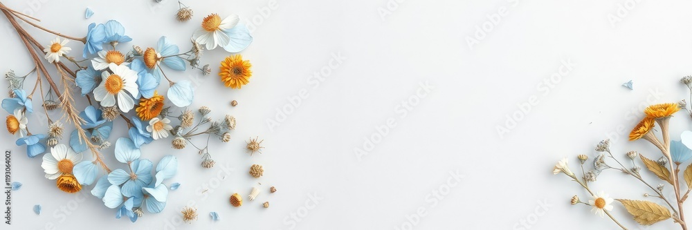Obraz premium A collection of dried flowers and leaves in various shades of pale blue against a light grey backdrop, rustic charm, floral arrangement