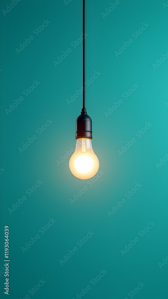 A single, illuminated incandescent light bulb hangs from a black cord against a teal backdrop.  The bulb emits a warm, soft light, creating a minimalist and clean aesthetic.