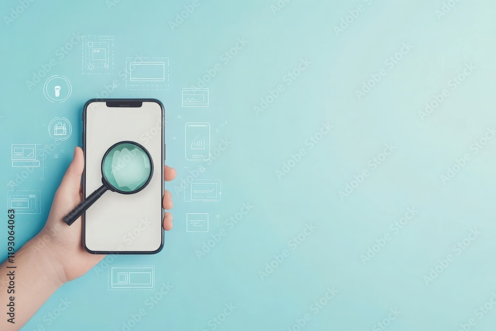 Fototapeta premium A person holding a smartphone displaying a magnifying glass, symbolizing search and analysis in the digital age.