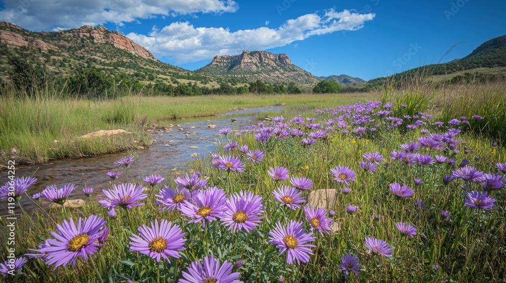 Obraz premium A field of Mexican aster flowers, their purple blooms standing out against the rustic landscape.