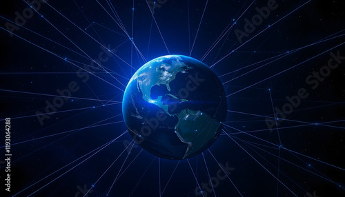 The planet in space with network connections lines and blue glow, angled photoshot, with white tones