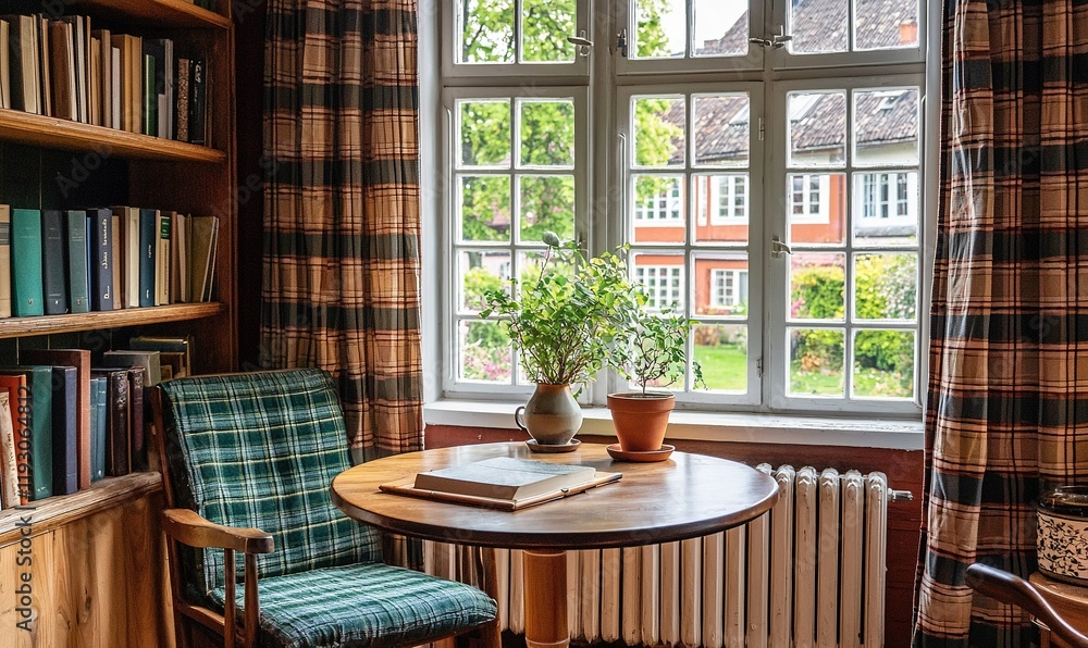 Cozy reading nook by window with garden view in home library. Cozy reading nook by window with garden view in home library.