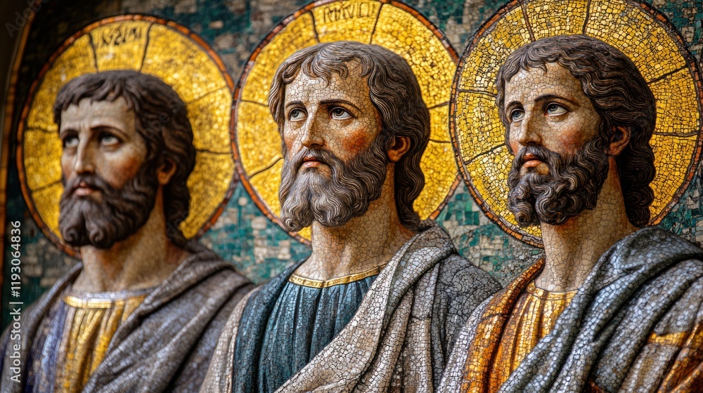 Close-up of three detailed stone religious figures with halos, showcasing facial features and textures. Close-up of three detailed stone religious figures with halos, showcasing facial features and textures.