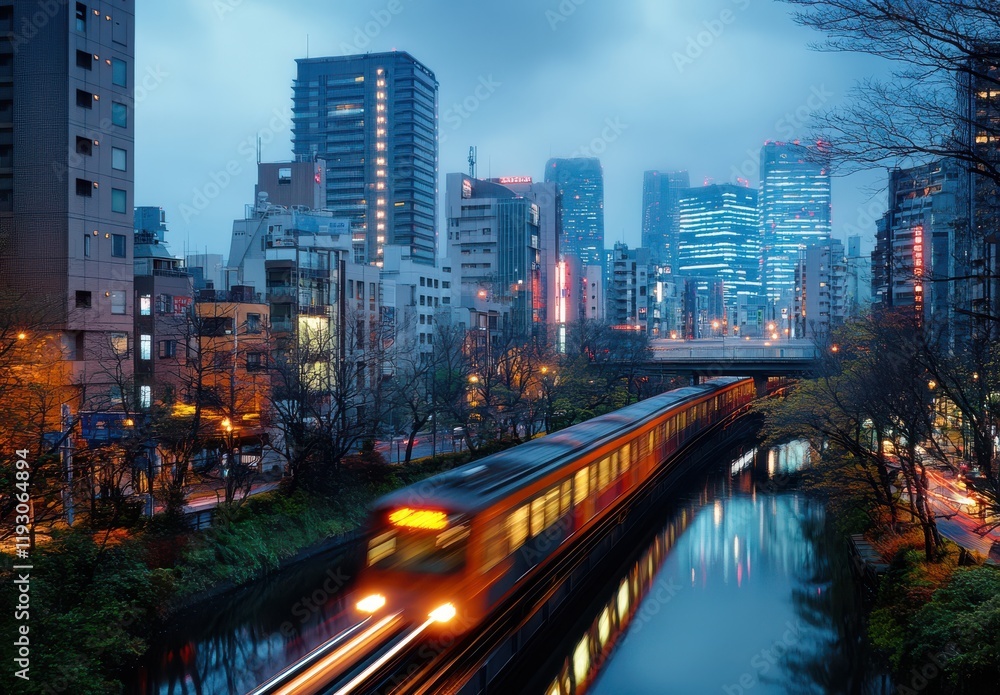 Obraz premium Train Passing Through Cityscape at Dusk with Reflections in Water, Highlighting Urban Architecture and Vibrant City Life in a Modern Metropolis
