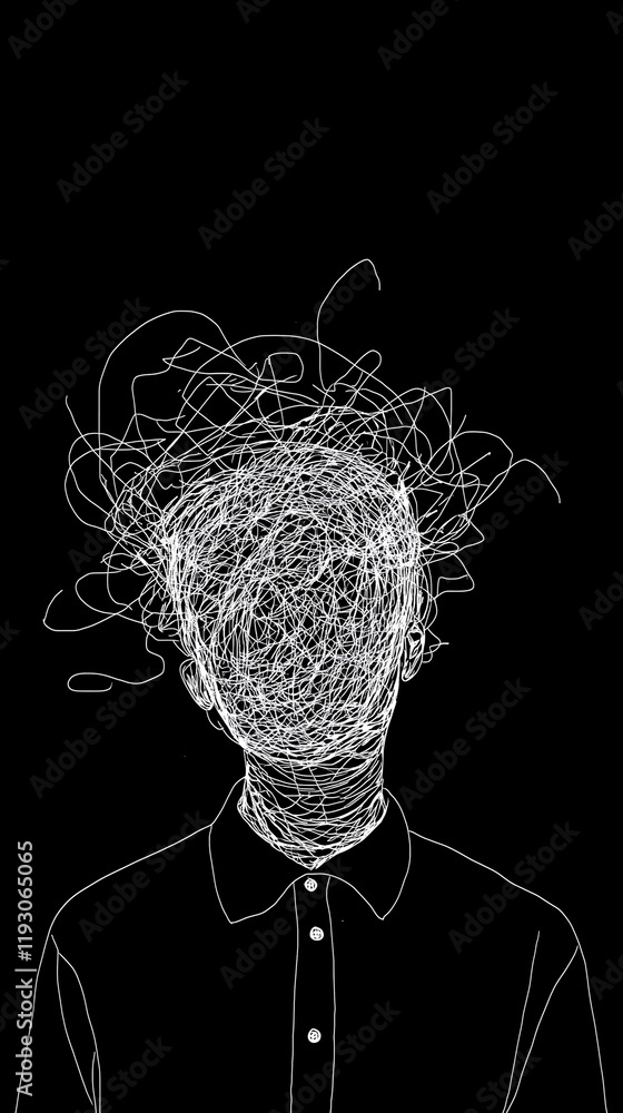 Abstract Portrait of Person With Chaotic Scribbled Lines on Black Background Abstract Portrait of Person With Chaotic Scribbled Lines on Black Background