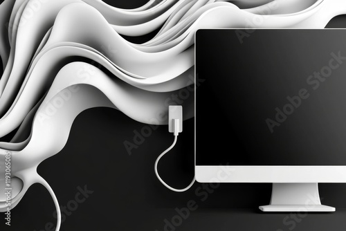 A flat design of a monitor with a single VGA cable plugged in, rendered in a monochromatic style with bold outlines photo