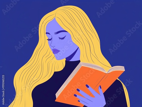 Illustration of Woman With Blonde Hair Reading a Book on Blue Background
