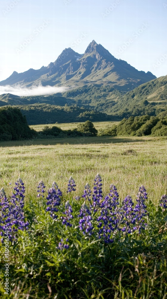 Fototapeta premium Serene Early Morning Light Spilling Over Misty Landscape with Mountains and Wildflowers