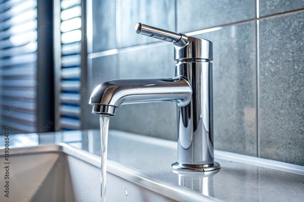 A dripping faucet made of silver metal creates a soothing sound and visual effect on a sleek and modern bathroom background, interior, design, contemporary, bathroom A dripping faucet made of silver metal creates a soothing sound and visual effect on a sleek and modern bathroom background, interior, design, contemporary, bathroom