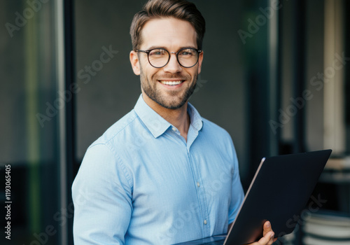 Wallpaper Mural Happy Businessman Holding Laptop Torontodigital.ca