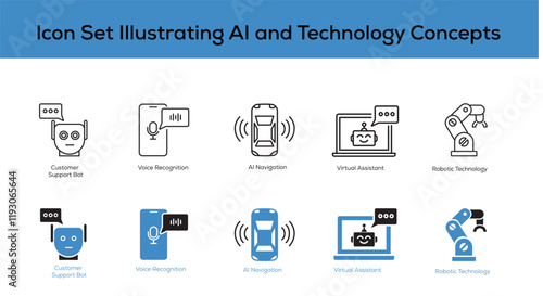 Icon Set Illustrating AI and Technology Concepts – Advanced AI Tools for Communication, Navigation, and Automation