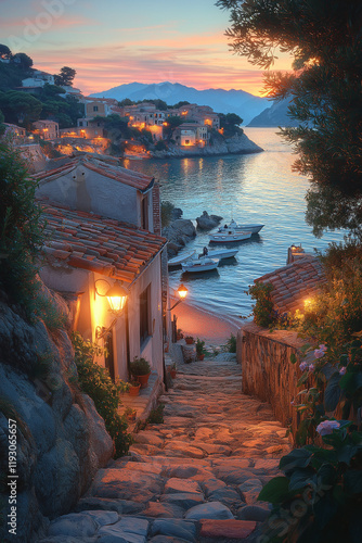 Village côtier au crépuscule avec lampadaires lumineux et bateaux de pêche photo