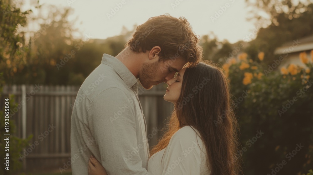 Fototapeta premium Couple embracing at sunset in backyard.