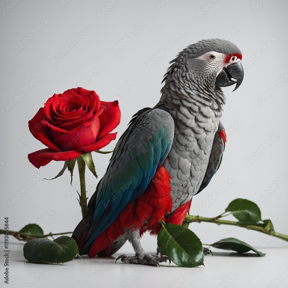 Obraz premium A parrot sitting beside a large red rose, its tail feathers draped elegantly over the petals on a clean white surface.