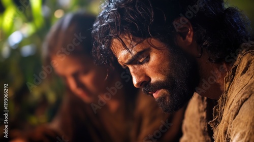 Adam and Eve man and woman bow in humble adoration to God lush green Eden garden plants background