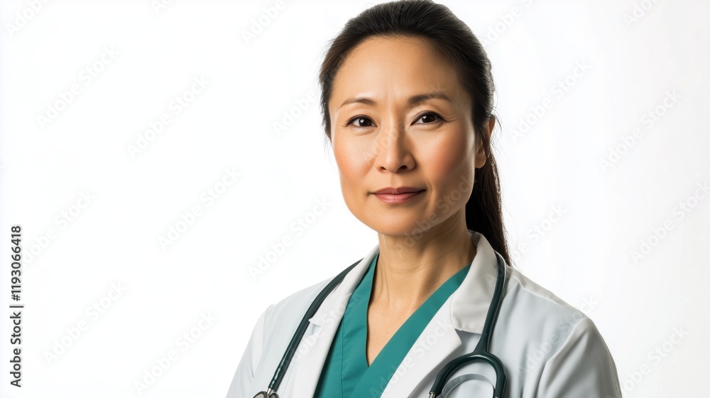 Portrait of smiling Asian American doctor in late 30s with stethoscope around her neck look at camera with white background Portrait of smiling Asian American doctor in late 30s with stethoscope around her neck look at camera with white background