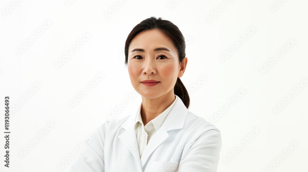 Portrait of smiling Chinese doctor in late 30s cross arms look at camera with white background Portrait of smiling Chinese doctor in late 30s cross arms look at camera with white background