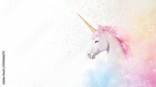 Pink unicorn with golden horn and glitter on white background, whimsical magical decor  
 photo