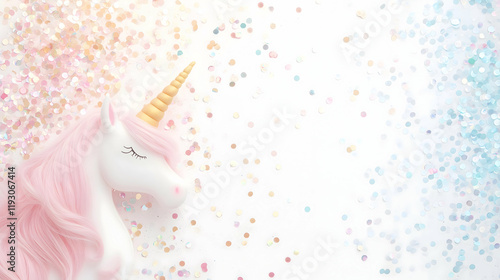 Pink unicorn with golden horn and glitter on white background, whimsical magical decor  
 photo