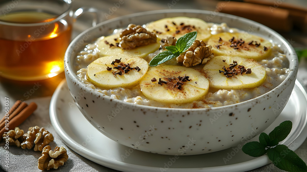 Warm Oatmeal with Cinnamon Apples and Walnuts for a Cozy Breakfast
